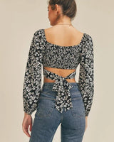Printed Tie Back Crop Top with Long Sleeves and Smocked Back - stylish going out crop top