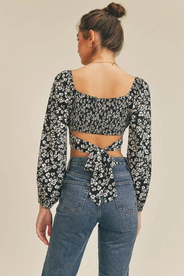 Printed Tie Back Crop Top with Long Sleeves and Smocked Back - stylish going out crop top