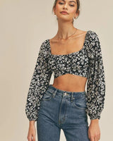 Printed Tie Back Crop Top with Long Sleeves and Smocked Back - chic crop top by Palazzo Couture