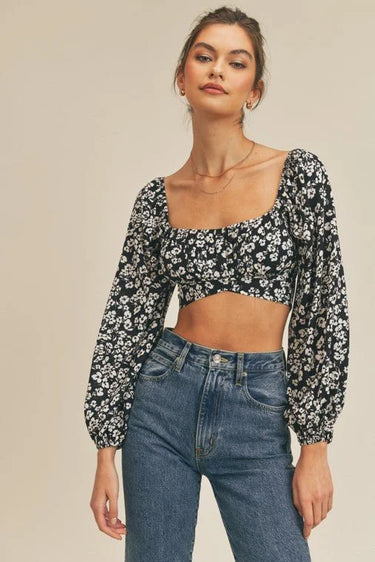 Printed Tie Back Crop Top with Long Sleeves and Smocked Back - chic crop top by Palazzo Couture