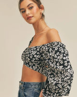 Printed Tie Back Crop Top with Long Sleeves and Smocked Back for women - crop top by Palazzo Couture