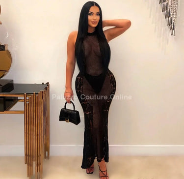 Private Island Black Maxi Dress – Knit Sheer Maxi front view showing full-length maxi silhouette