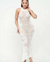 Private Island White Maxi Dress – Knit Sheer Maxi close up detail of knit design and fabric