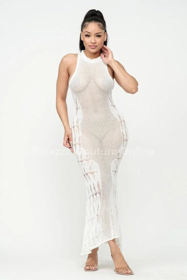 Private Island White Maxi Dress – Knit Sheer Maxi close up detail of knit design and fabric