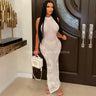 Private Island White Maxi Dress – Knit Sheer Maxi front view showing full-length maxi silhouette