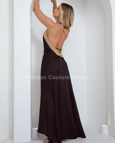 Private Oasis Maxi Dress ( Black) close up detail of elegant design and fabric