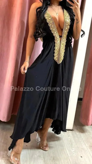 Private Oasis Maxi Dress ( Black) side view highlighting floor-length hemline