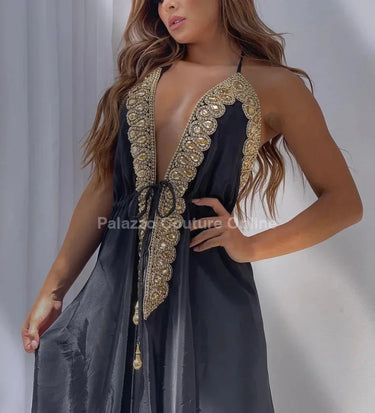 Elegant Black elegant maxi dress on model styled for evening event