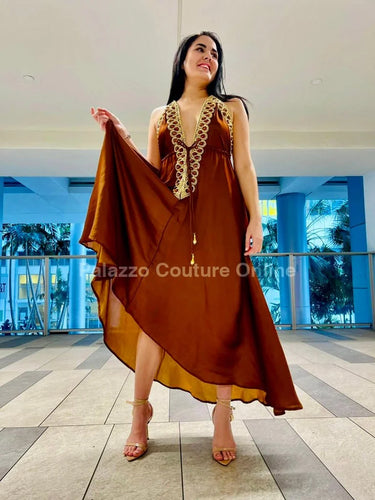 Private Oasis Maxi Dress  (Brown) front view showing full-length maxi silhouette