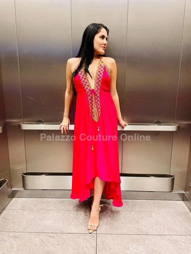 Women's Hot Pink maxi dress elegant style back view