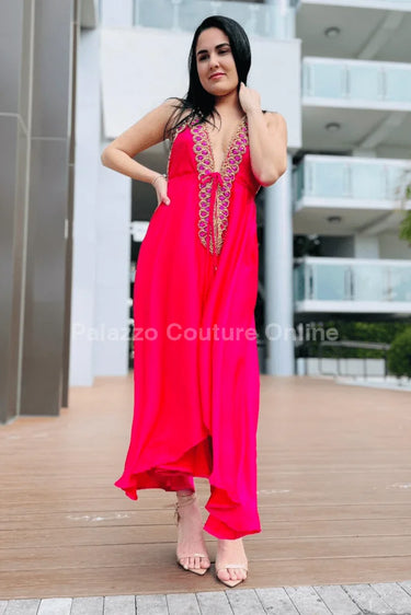 Private Oasis Maxi Dress ( Hot Pink) side view highlighting floor-length hemline