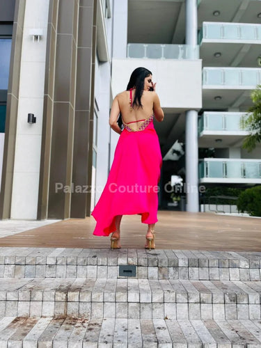 Private Oasis Maxi Dress ( Hot Pink) full body look paired with heels and statement jewelry