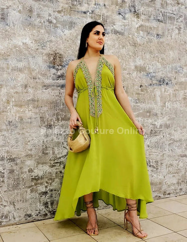Private Oasis Maxi Dress (Lime) close up detail of elegant design and fabric