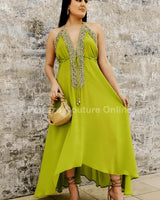 Private Oasis Maxi Dress (Lime) front view showing full-length maxi silhouette