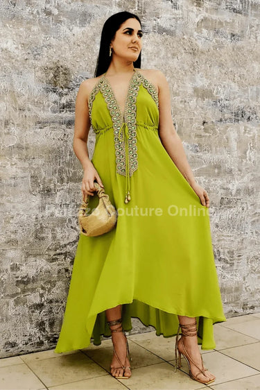 Private Oasis Maxi Dress (Lime) front view showing full-length maxi silhouette