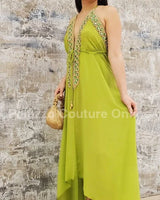 Private Oasis Maxi Dress (Lime) side view highlighting floor-length hemline