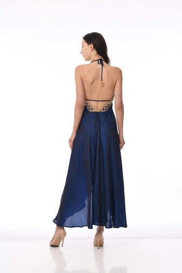 Private Oasis Maxi Dress - Navy close up detail of elegant design and fabric