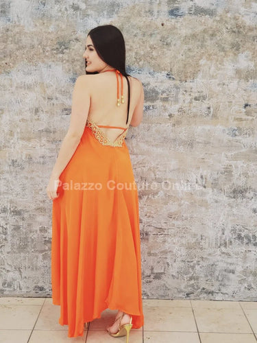 Private Oasis Maxi Dress (Orange) close up detail of elegant design and fabric