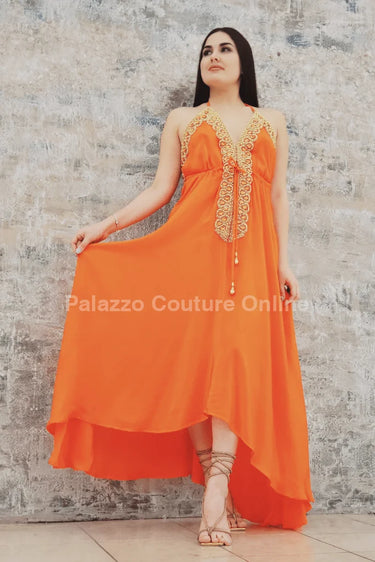 Private Oasis Maxi Dress (Orange) front view showing full-length maxi silhouette
