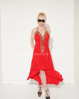 Elegant Red elegant maxi dress on model styled for evening event