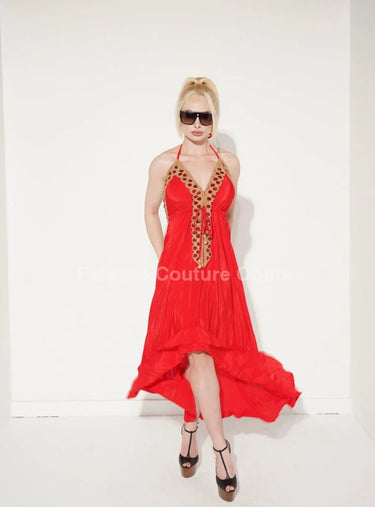 Elegant Red elegant maxi dress on model styled for evening event