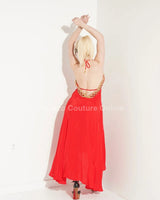 Private Oasis Maxi Dress ( Red) full body look paired with heels and statement jewelry