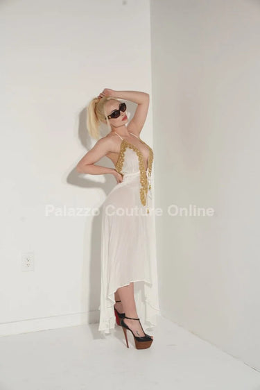 Private Oasis Maxi Dress ( White) side view highlighting floor-length hemline