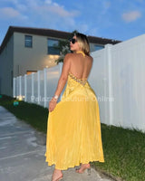 Private Oasis Maxi Dress (yellow) close up detail of elegant design and fabric