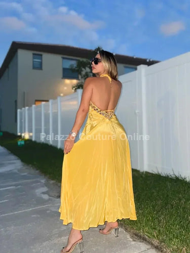 Private Oasis Maxi Dress (yellow) close up detail of elegant design and fabric
