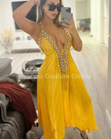 Private Oasis Maxi Dress (yellow) front view showing full-length maxi silhouette