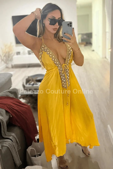 Private Oasis Maxi Dress (yellow) front view showing full-length maxi silhouette