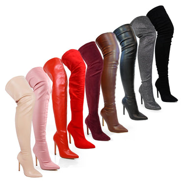 Pu Leather Gisele Pointed Toe Over The Knee Boots - Brown - Palazzo Couture Online