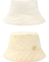Quilted Velvet and Fur Reversible GO Bucket Hat (Ivory, Beige) - front view