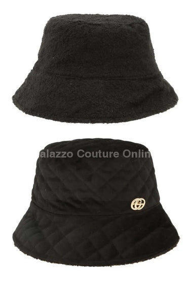 Quilted Velvet and Fur Reversible GO Bucket Hat (Black) - front view
