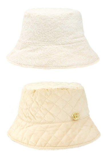 Quilted Velvet and Fur Reversible GO Bucket Hat (Ivory, Beige) - Palazzo Couture Online