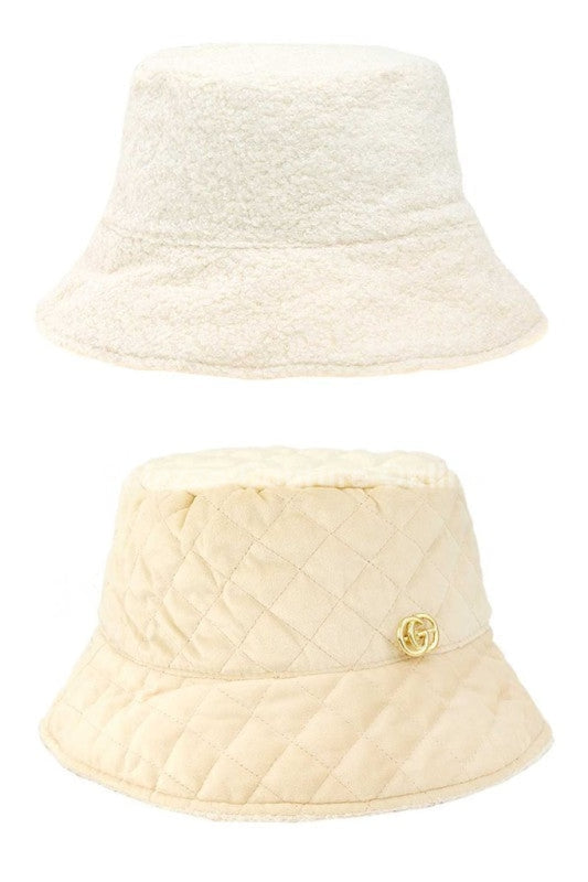 Quilted Velvet And Fur Reversible Go Bucket Hat (Ivory Beige) One Size / Beige
