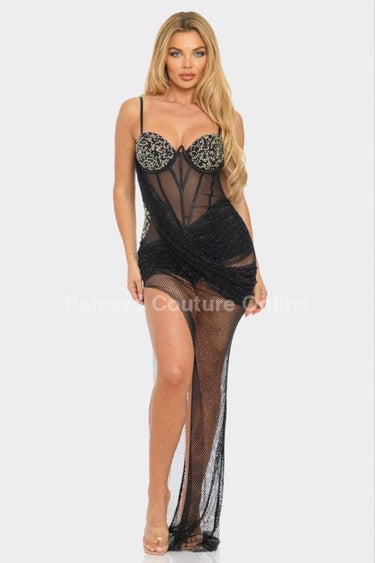 Rachel Mesh Diamonds Maxi Dress ( Black) - Palazzo Couture Online