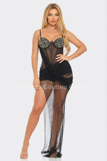 Rachel Mesh Diamonds Maxi Dress ( Black) - Palazzo Couture Online