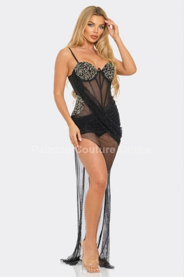 Women's Black maxi dress mesh style back view