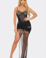 Rachel Mesh Diamonds Maxi Dress ( Black) front view showing full-length maxi silhouette