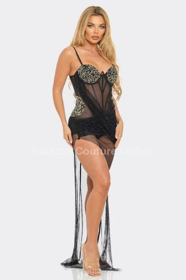Rachel Mesh Diamonds Maxi Dress ( Black) side view highlighting floor-length hemline