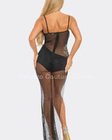 Elegant Black mesh maxi dress on model styled for evening event