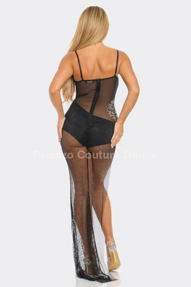 Elegant Black mesh maxi dress on model styled for evening event