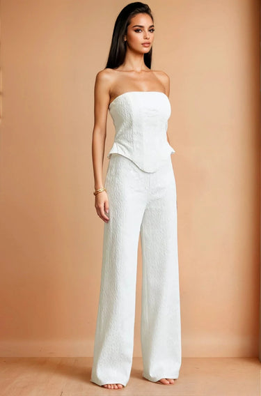 Radiance Sequin Lace Corset Pant Set - white side view showing pants silhouette and fit