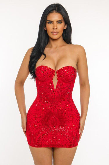 Radiant Allure Rhinestone Mini Dress (Red) - Palazzo Couture Online