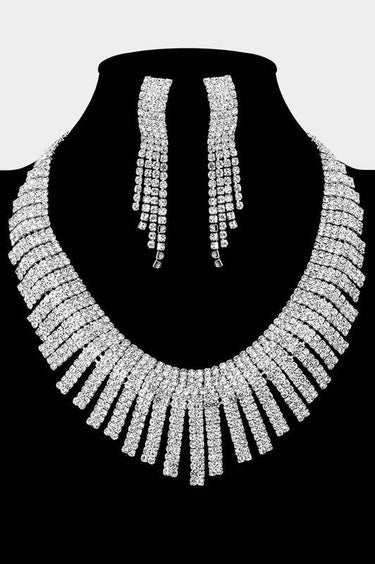Radiant Cascade Rhinestone Collar Set - Silver - Palazzo Couture Online