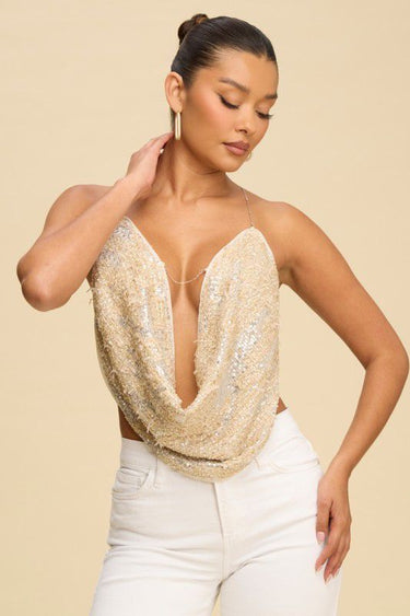 Radiant Chain Cowl Sequin Top – Blush - Palazzo Couture Online