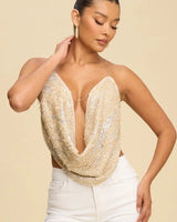 Radiant Chain Cowl Sequin Top – Blush for women - crop top by Palazzo Couture