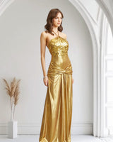 Radiant Crystal Metallic Gown - Gold - Palazzo Couture Online