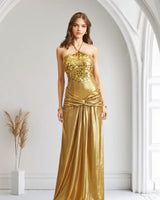 Radiant Crystal Metallic Gown - Gold - Palazzo Couture Online